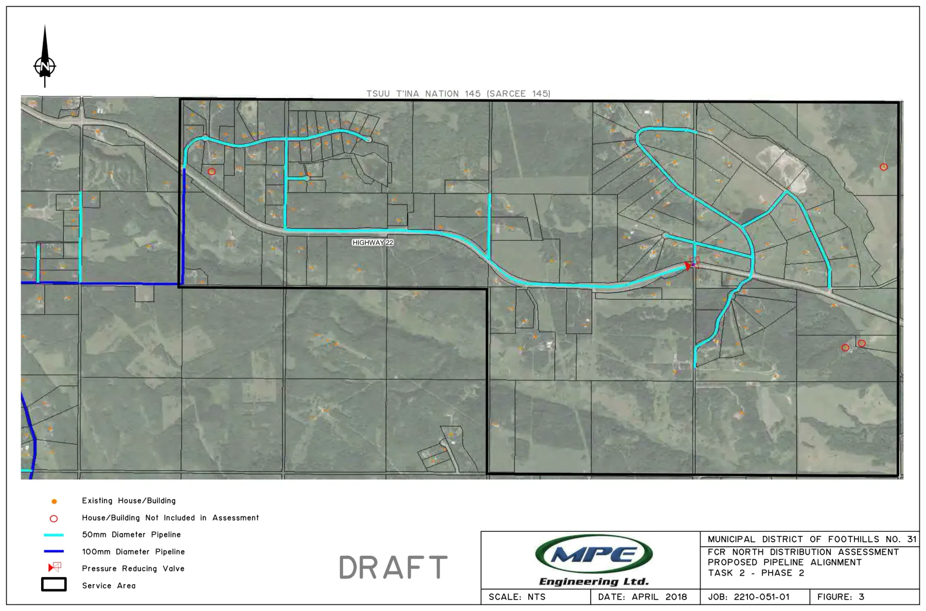 Phase 2: the proposed alignment east along Highway 22 to Priddis Creek Drive. MPE Engineering Ltd., April 2018, marked draft.