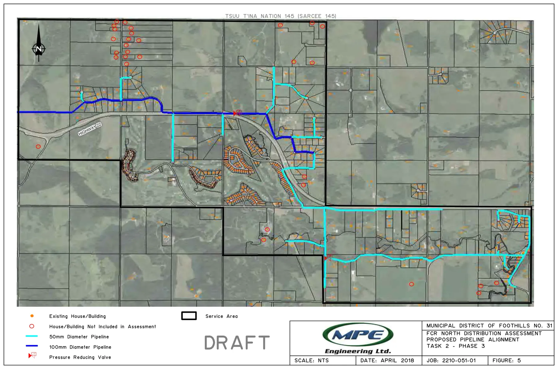 Phase 3: the alignment continuing east into the Hamlet of Priddis, with the two extra pressure reducing valves marked. MPE Engineering Ltd., April 2018, marked draft.