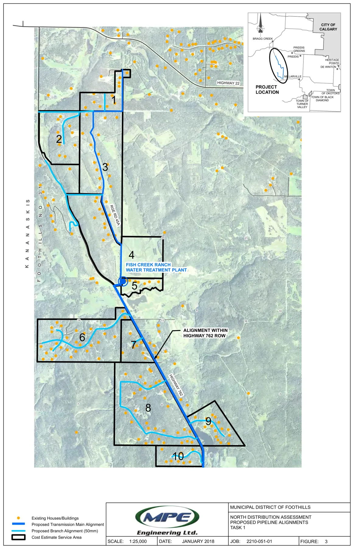 Task 1: the proposed pipeline alignments and the ten costed service areas, MPE Engineering Ltd., January 2018, for the M.D. of Foothills.