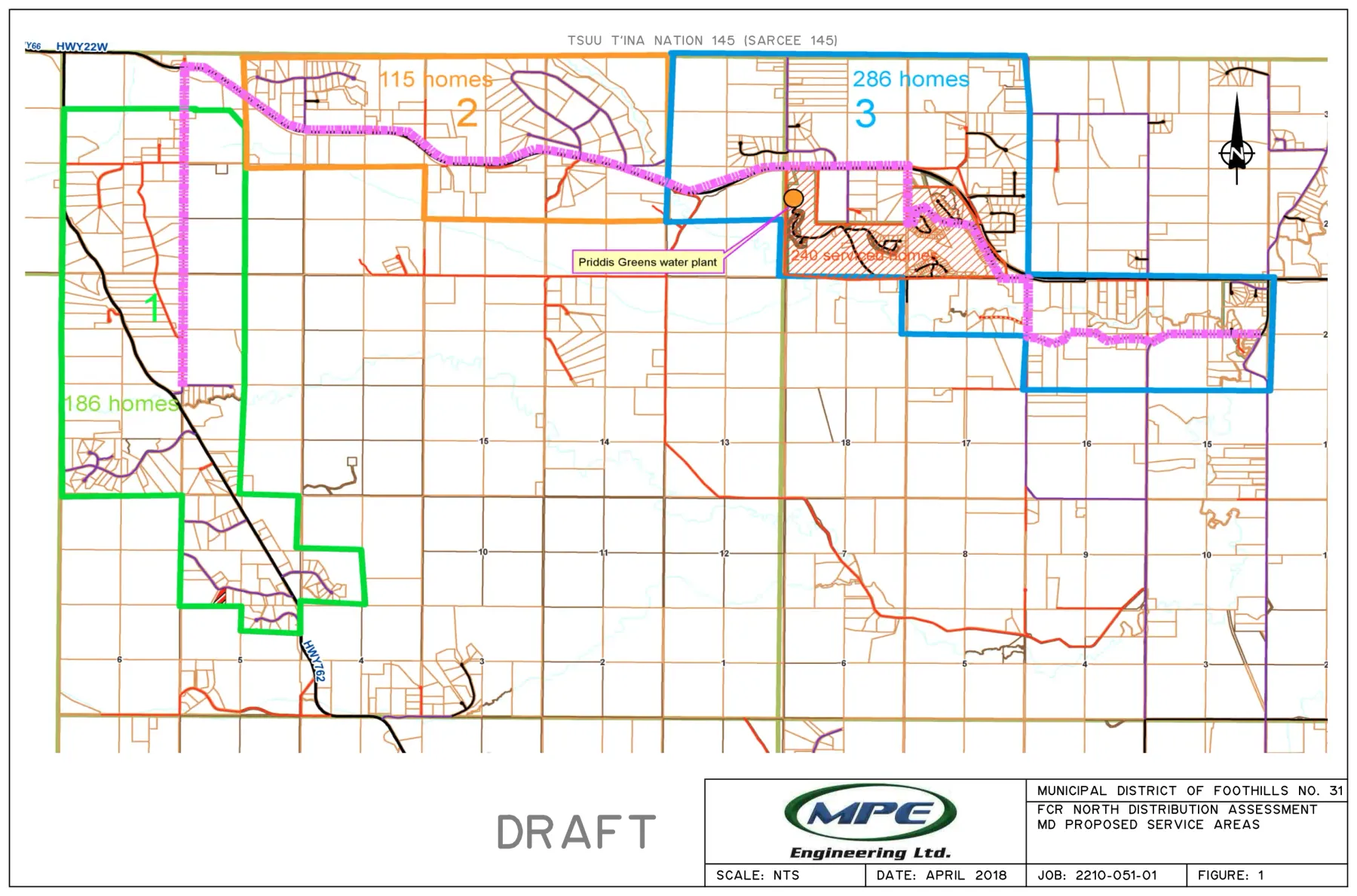 Task 2: the county's three proposed service areas, with the household count in each. MPE Engineering Ltd., April 2018, marked draft.